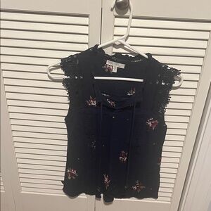 Floral Lace Trim Blue Top